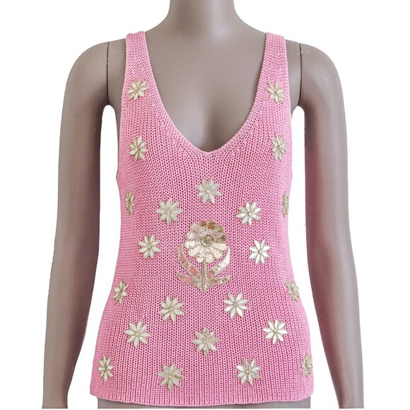 Embroidered Pink Knitted Tank Top Women’s Sleeveless Knit Boho Summer Top Small - Picture 1 of 5